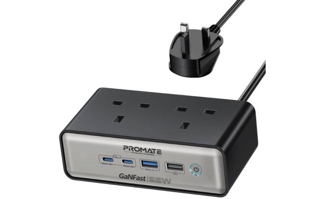 Promate PowerBrix2-GaN65 65W Power Delivery GaNFast Charging Station with 3250W Dual AC Socket, GaN Technology, Dual USB Port, Multi Protection System, Black | PowerBrix2-GaN65 - Black